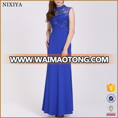 Ladies Sleevelss Embroidery Royal Blue Maxi Long Evening Dress 2016